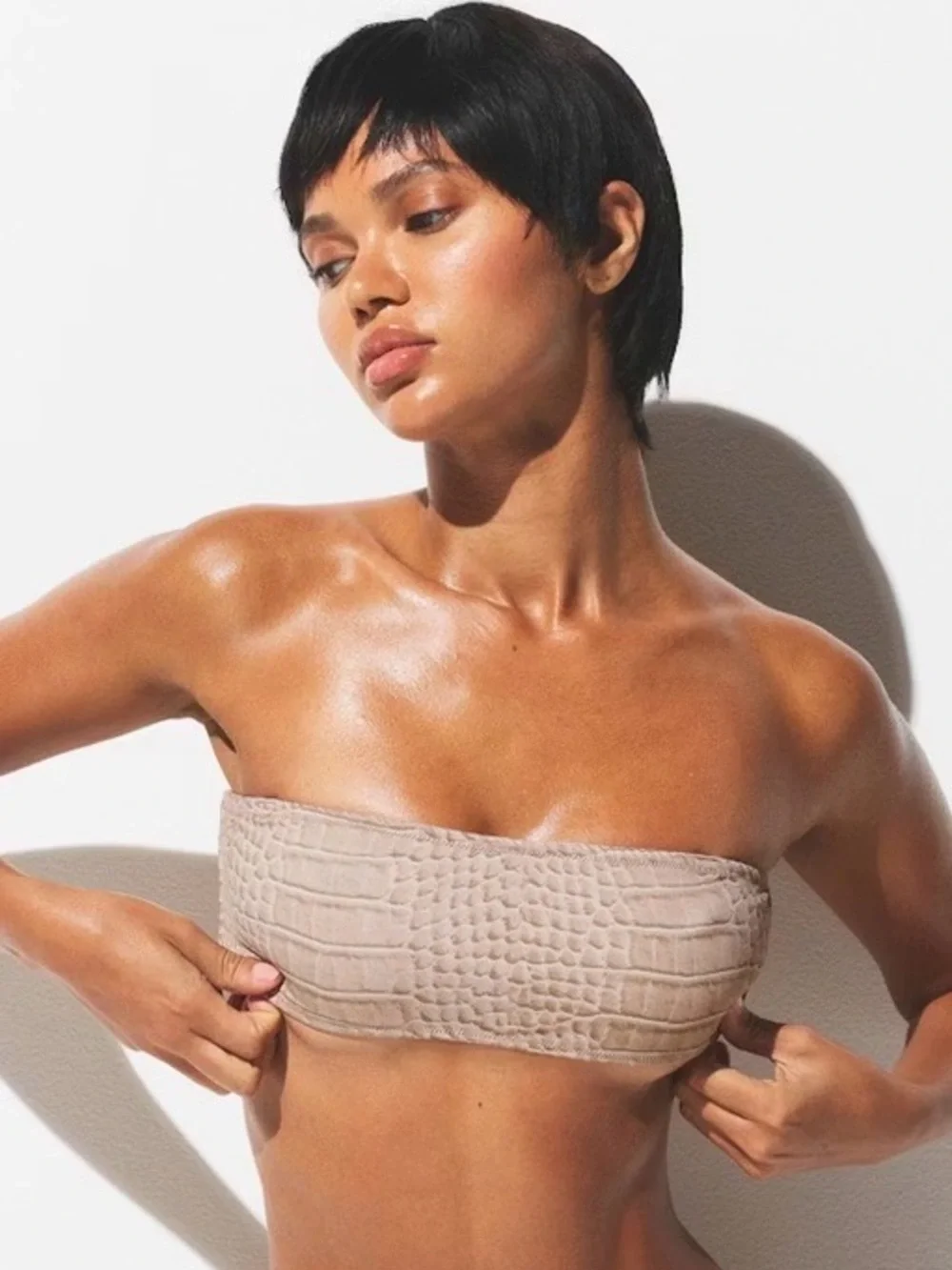 SKIMS Crocodile-Embossed Strapless Bandeau Bikini Top - Taupe